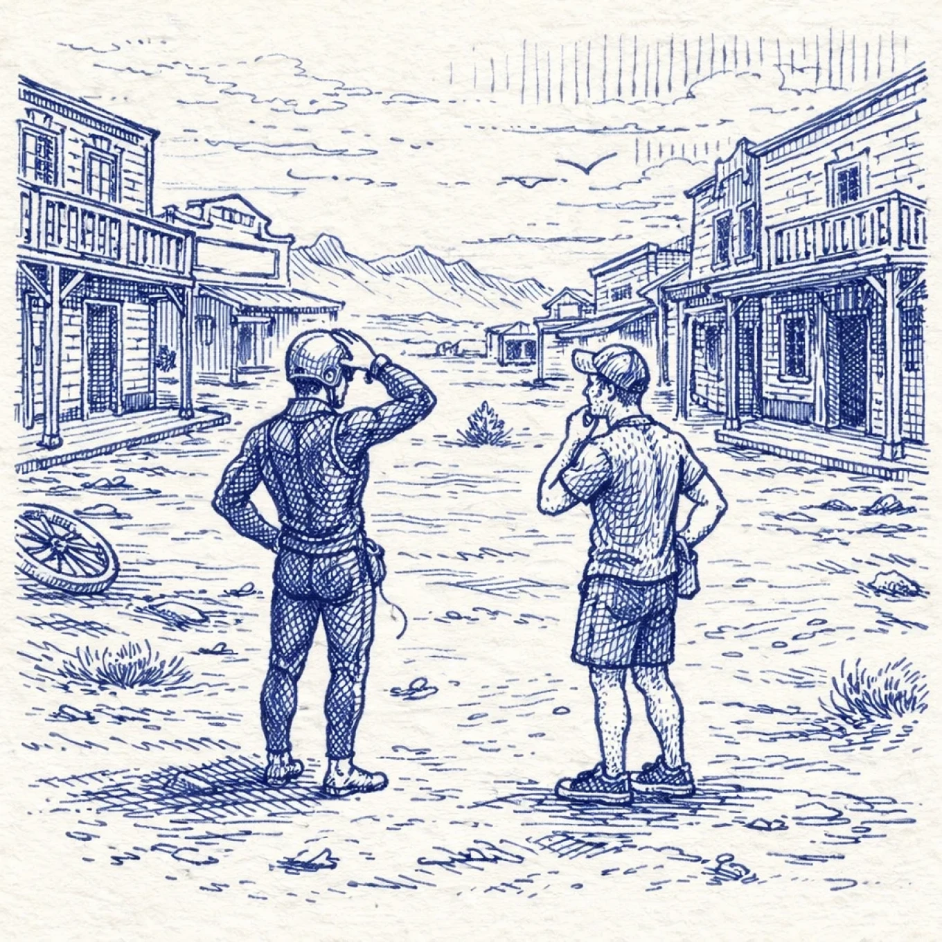 Illustratie van twee mannen in een verlaten stad met houten gebouwen en een tumbleweed op straat.
