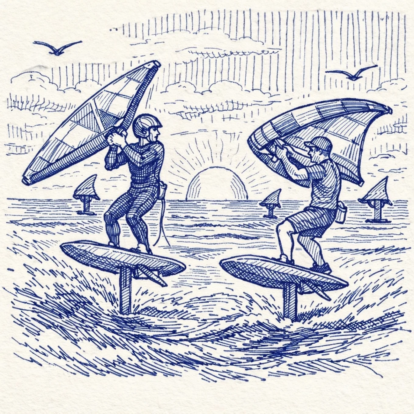 Illustratie van twee wingfoilers op hydrofoil boards op zee bij zonsondergang, met surfers op de achtergrond.